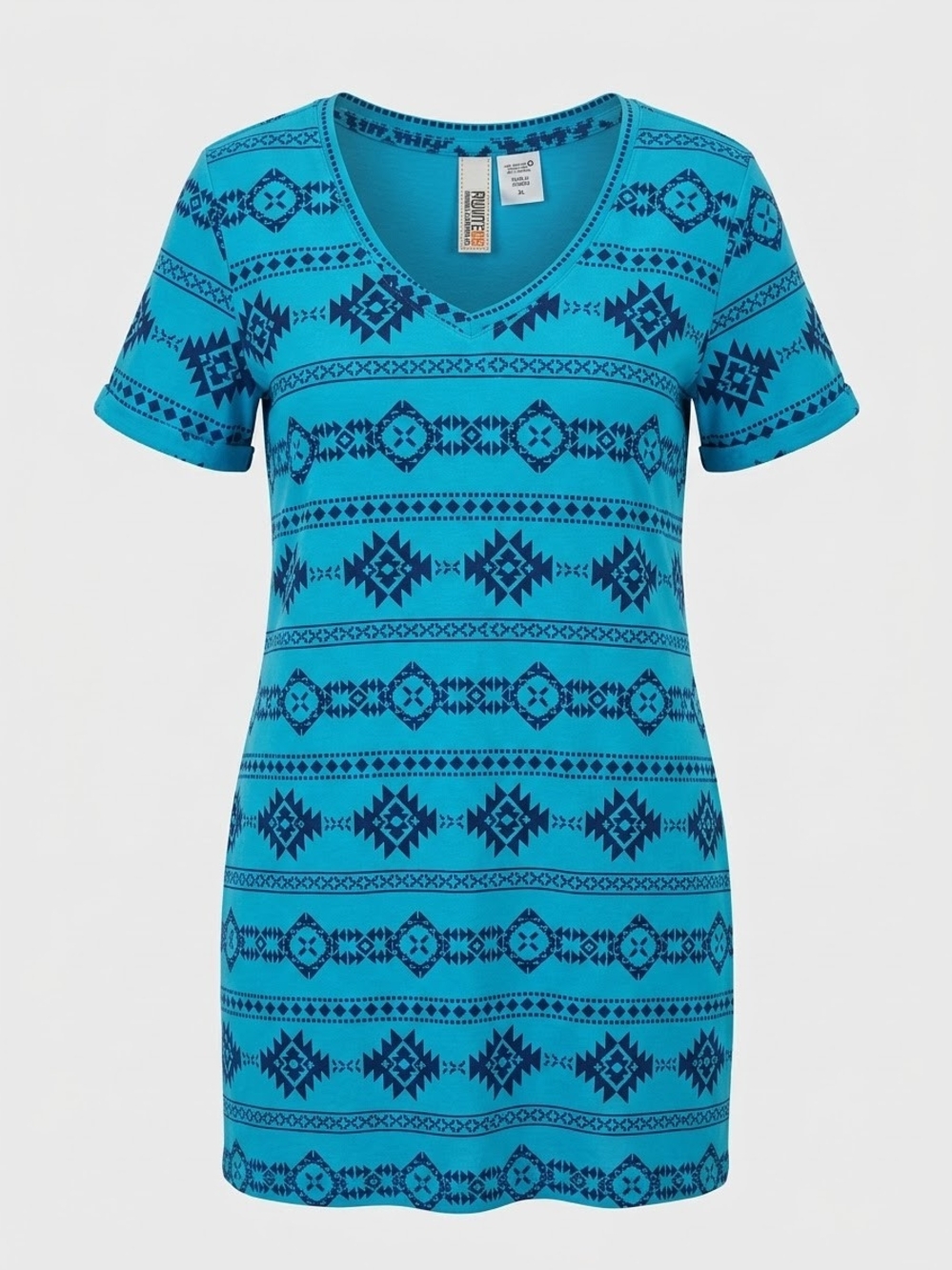 Vintage Route 66 Southwestern Aztec Print V neck Dress Turquoise Navy XL NWOT*